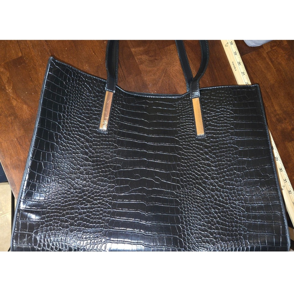 Black Croc Embossed Tote Bag Laptop Work Briefcase Gold Hardware Crossbody Strap